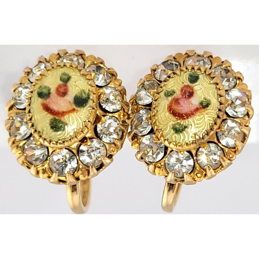 Vintage Signed A Guilloche Enamel Rose Crystal Rhinestone Gold Tone Earrings